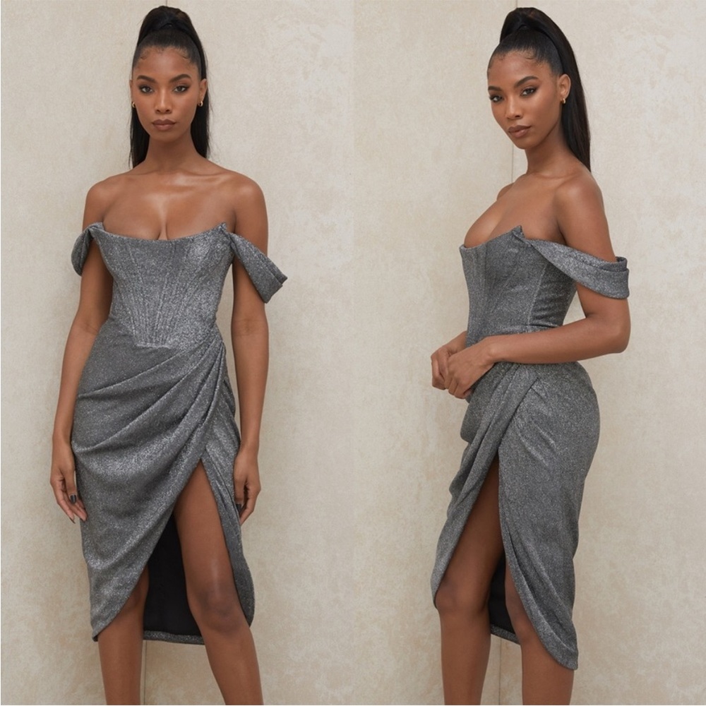 RARE House of CB 'Loretta' Silver Sparkle Off Shoulder Dress NWOT - Picture 2 of 5